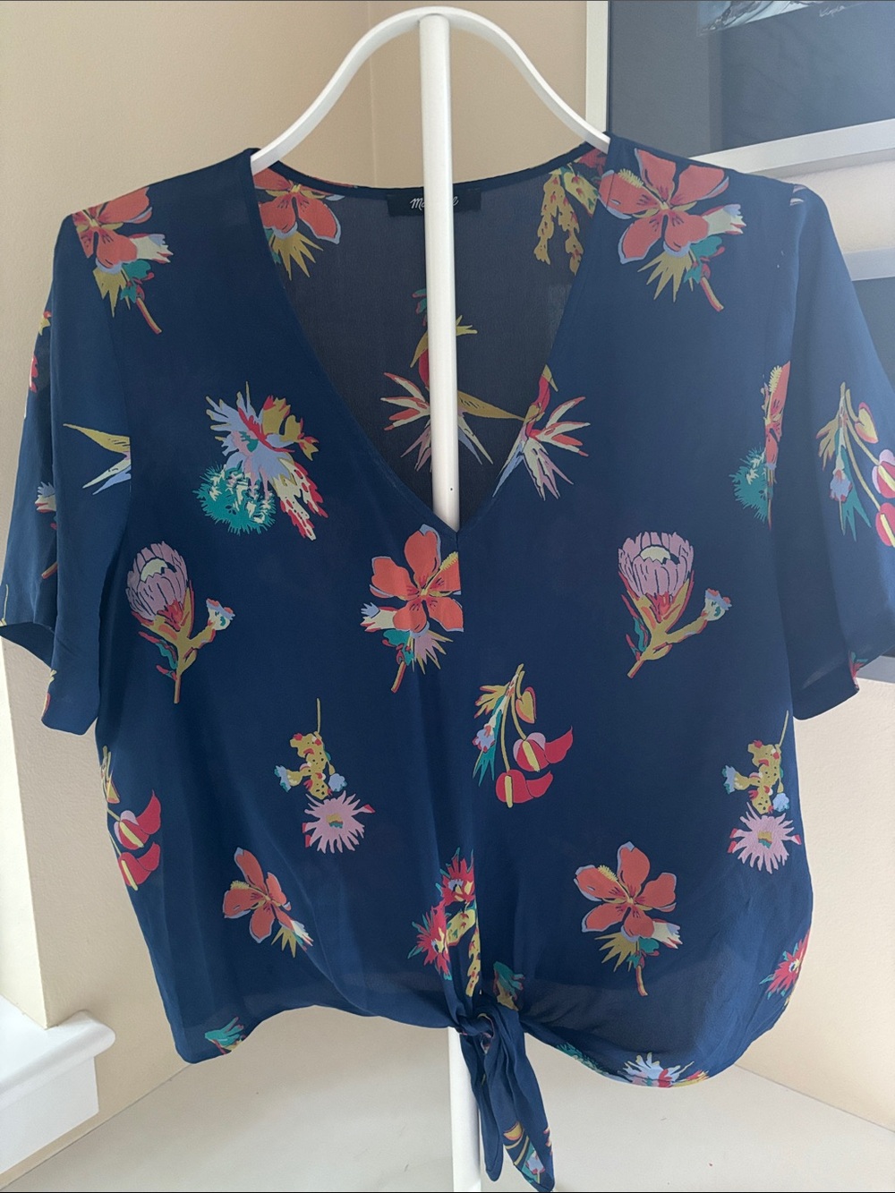 Madewell Navy Floral Tie-Hem V-Neck Blouse